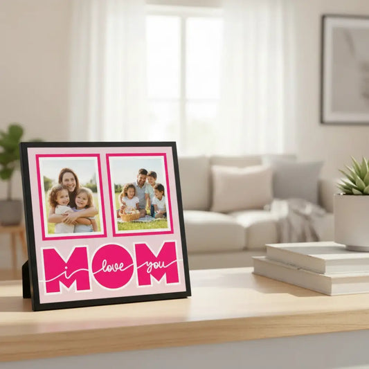 Pink 'I love you mom' text with two square frames on a light pink background