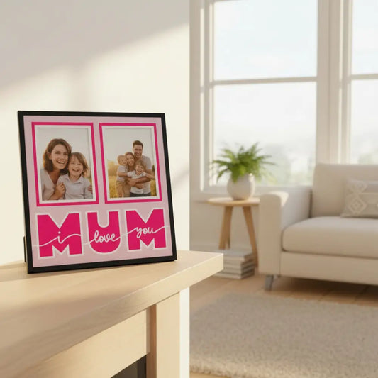 Card with 'I love you Mum' text on a pink background