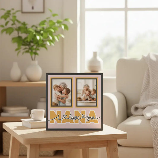 Decorative paper with two photo frames and 'Nana I love you' text on a pink background
