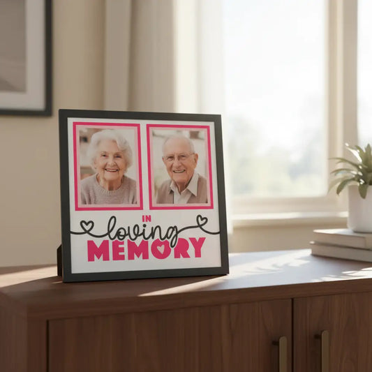 Two blank photo frames with 'In Loving Memory' text on a white background