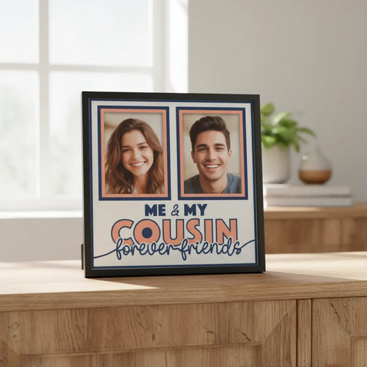 Design template with two photo frames and text 'Me & My Cousin forever friends' on a white background.