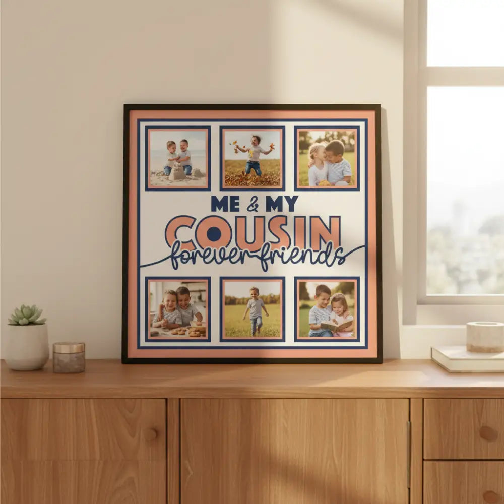 Design template with 'Me & My Cousin forever friends' text and photo placeholders.