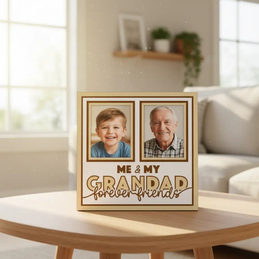 Decorative scrapbooking layout with two brown frames and text 'Me & My Grandad forever friends' on a white background.