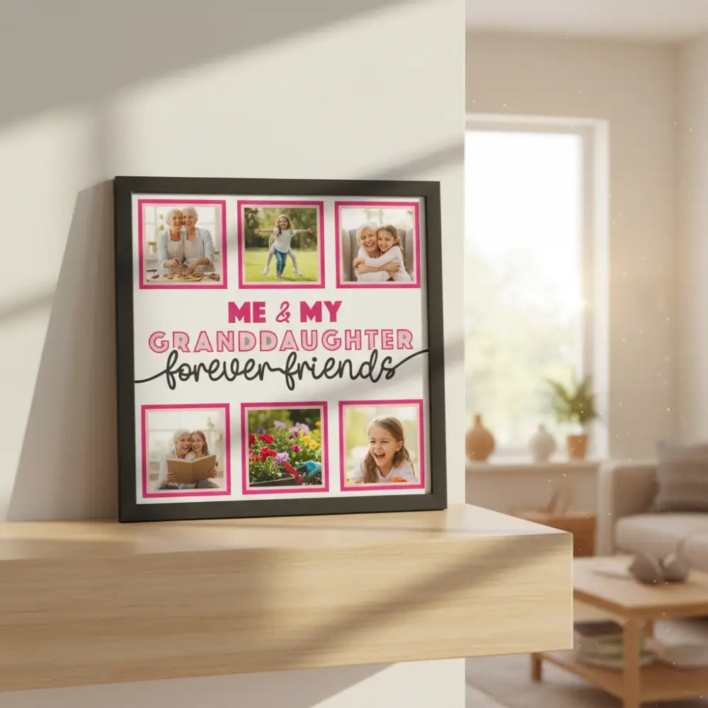 Template for scrapbooking with text 'Me & My Granddaughter Forever Friends' and six gray photo frames.