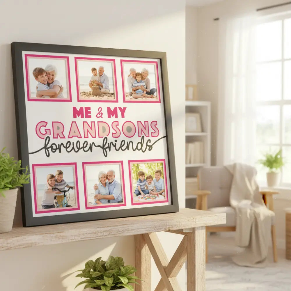 Design template with text 'Me & My Grandsons Forever Friends' and gray square placeholders.