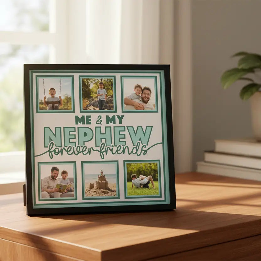 Design template with text 'Me & My Nephew Forever Friends' and placeholders for photos on a light blue background.