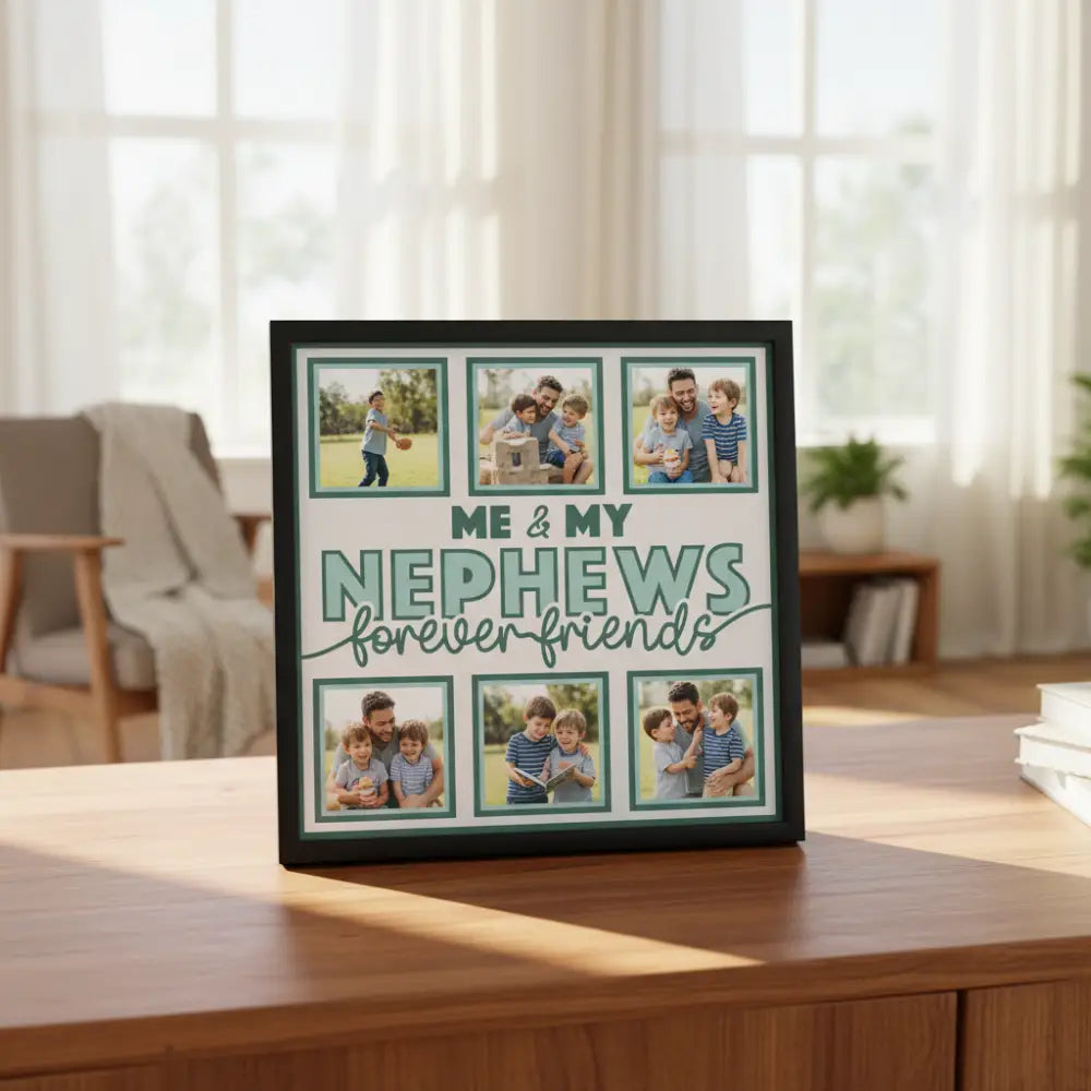 Design template with text 'Me & My Nephews forever friends' and six photo frames on a light blue background.