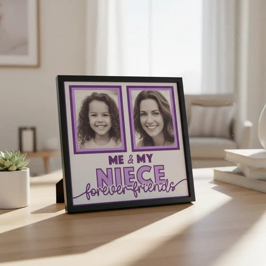 Two photo frames with text 'Me & My Niece forever friends' on a purple border