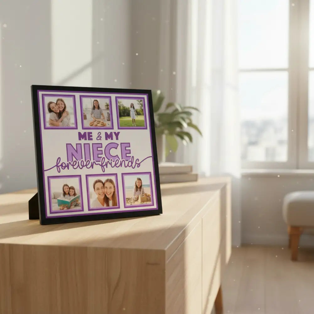 six photo frames with text 'Me & My Niece forever friends' on a purple border