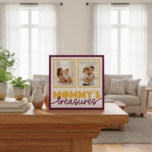 Decorative sign with 'Mommy's Treasures' text and two empty frames on a white background.