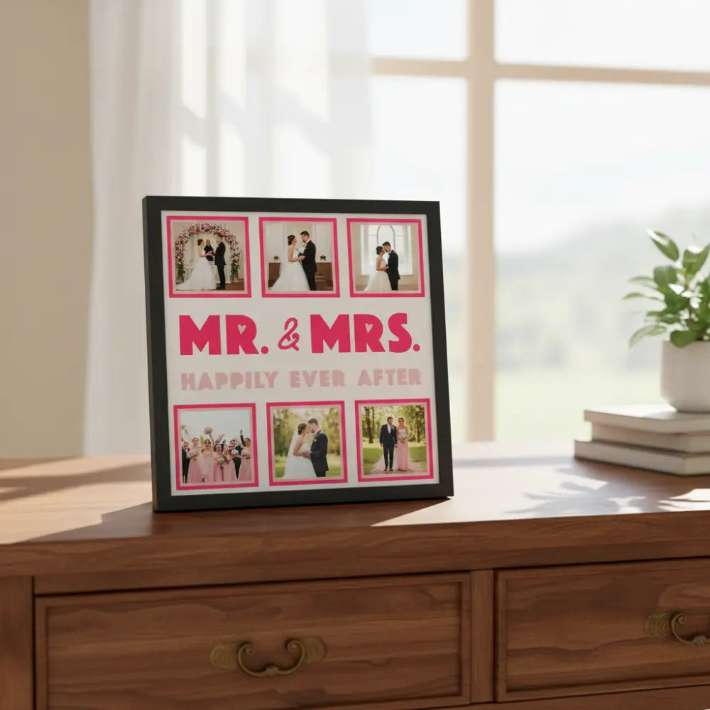 Decorative paper with 'MR. & MRS.' and 'HAPPILY EVER AFTER' text, suitable for wedding or anniversary.
