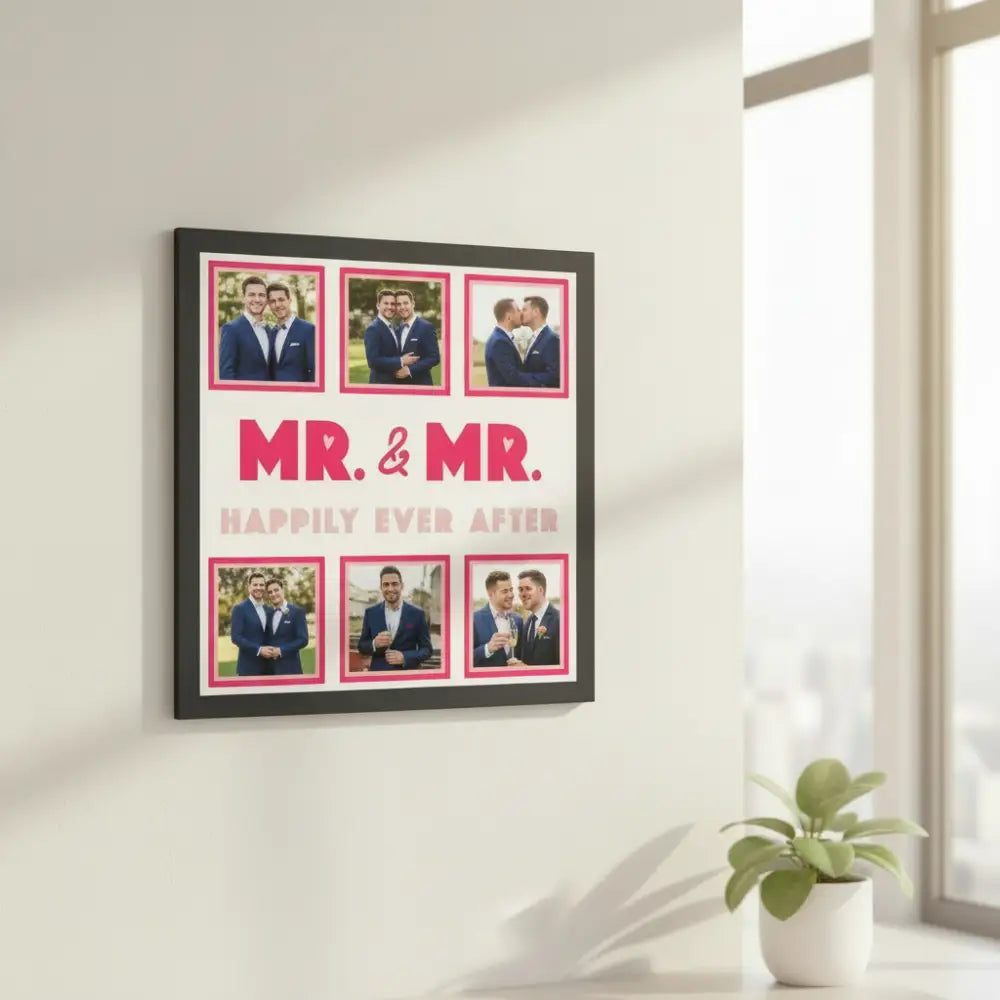 Decorative sign with 'MR. & MR. HAPPILY EVER AFTER' text and pink frames on a white background.