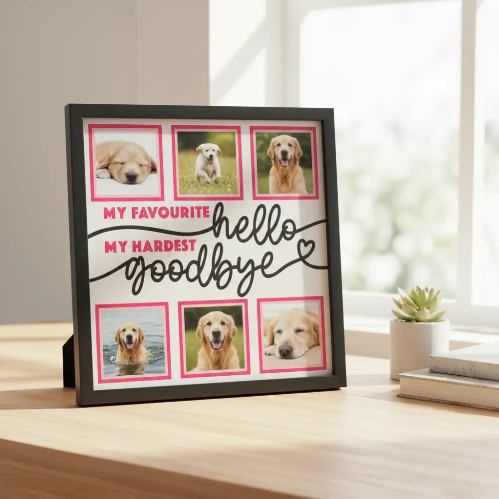 Decorative collage with text 'My favourite hello, my hardest goodbye' and pink border.