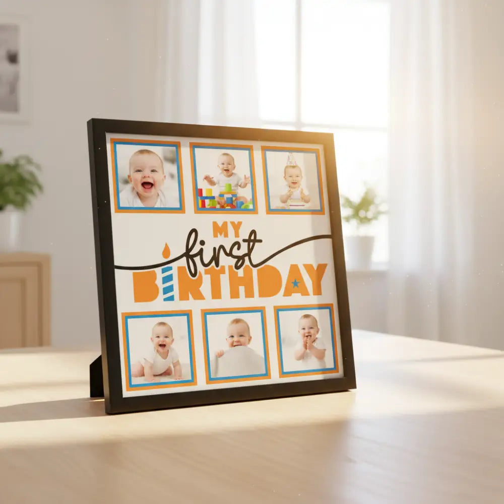Template for a 'My First Birthday' layout with placeholders and decorative elements.
