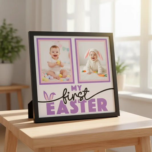 Two blank photo frames with 'My First Easter' text and bunny ears on a white background.