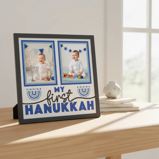 Design for 'My First Hanukkah' with two blank frames and text on a white background.