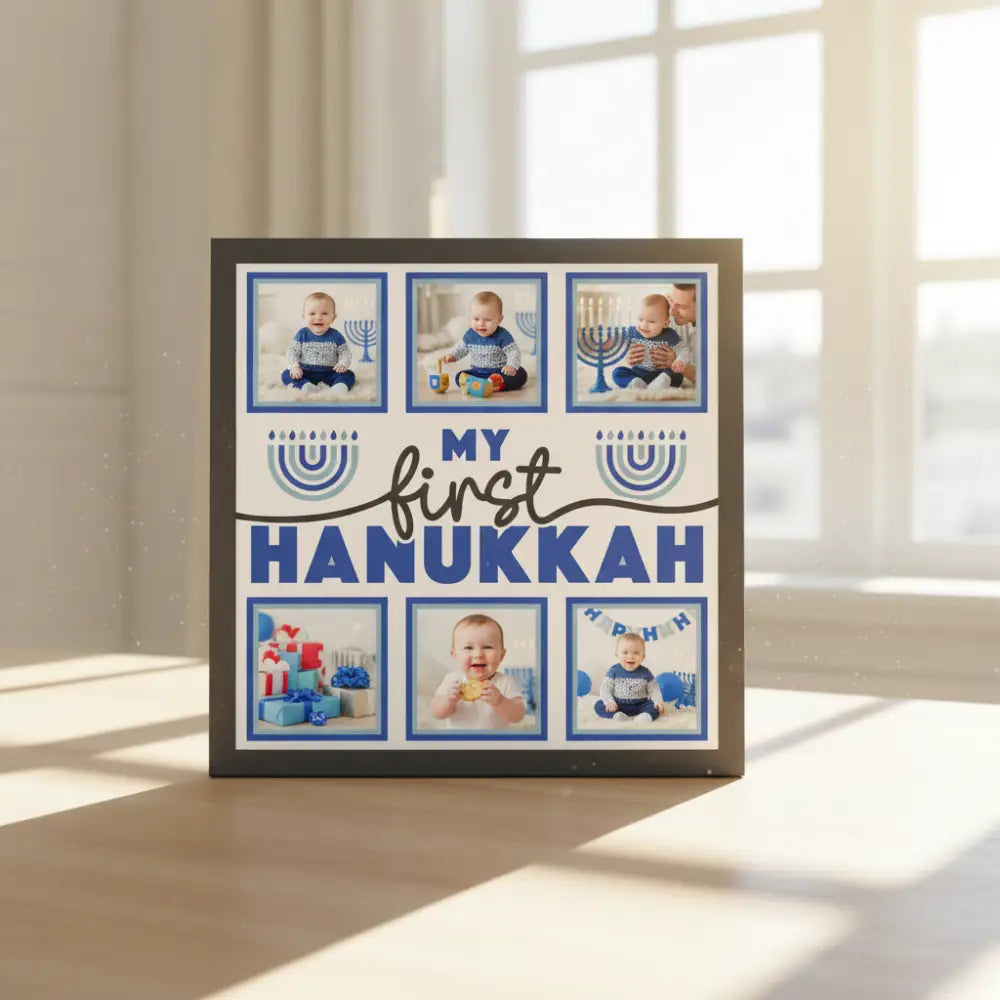 Template for 'My First Hanukkah' with space for photos and text.