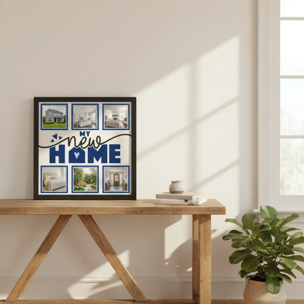 Decorative paper with 'My New Home' text and blank frames on a white background