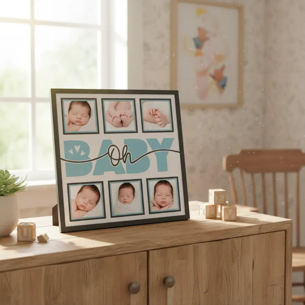 Baby-themed scrapbook layout with 'Oh Baby' text and placeholder frames.