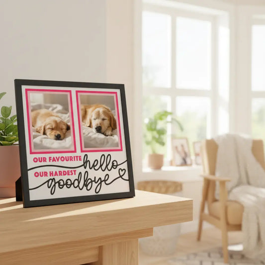 Two photo frames with pink borders and text 'Our Favourite Hello, Our Hardest Goodbye' on a white background.