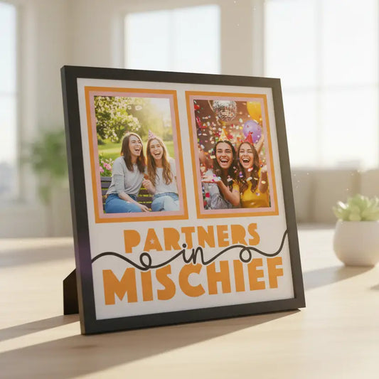 Two picture frames with 'Partners in Mischief' text on a white background