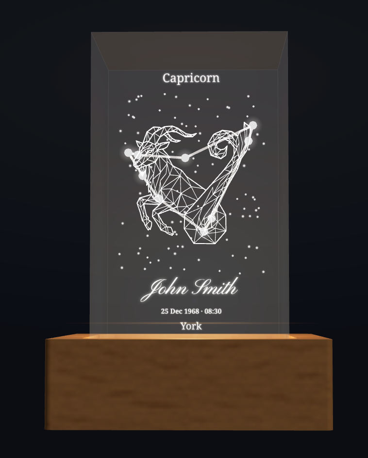 Personalised Capricorn zodiac crystal design with name and birth details; shown with wooden base