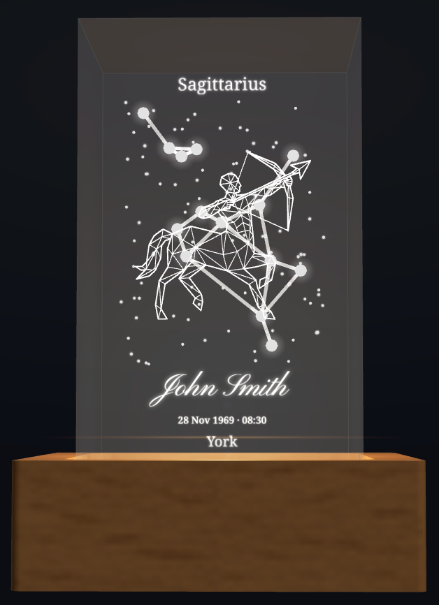 Personalised Sagittarius zodiac crystal design with name and birth details; shown with optional wooden light box base