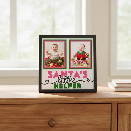 Two photo frames with pink borders and 'Santa's little helper' text on a white background.