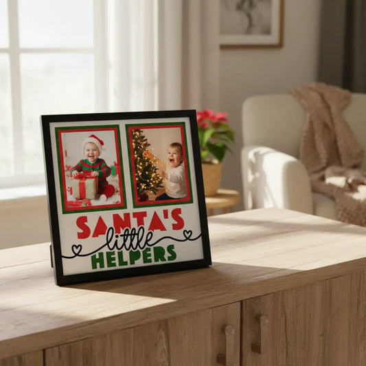 Two photo frames with 'Santa's Little Helpers' text on a white background