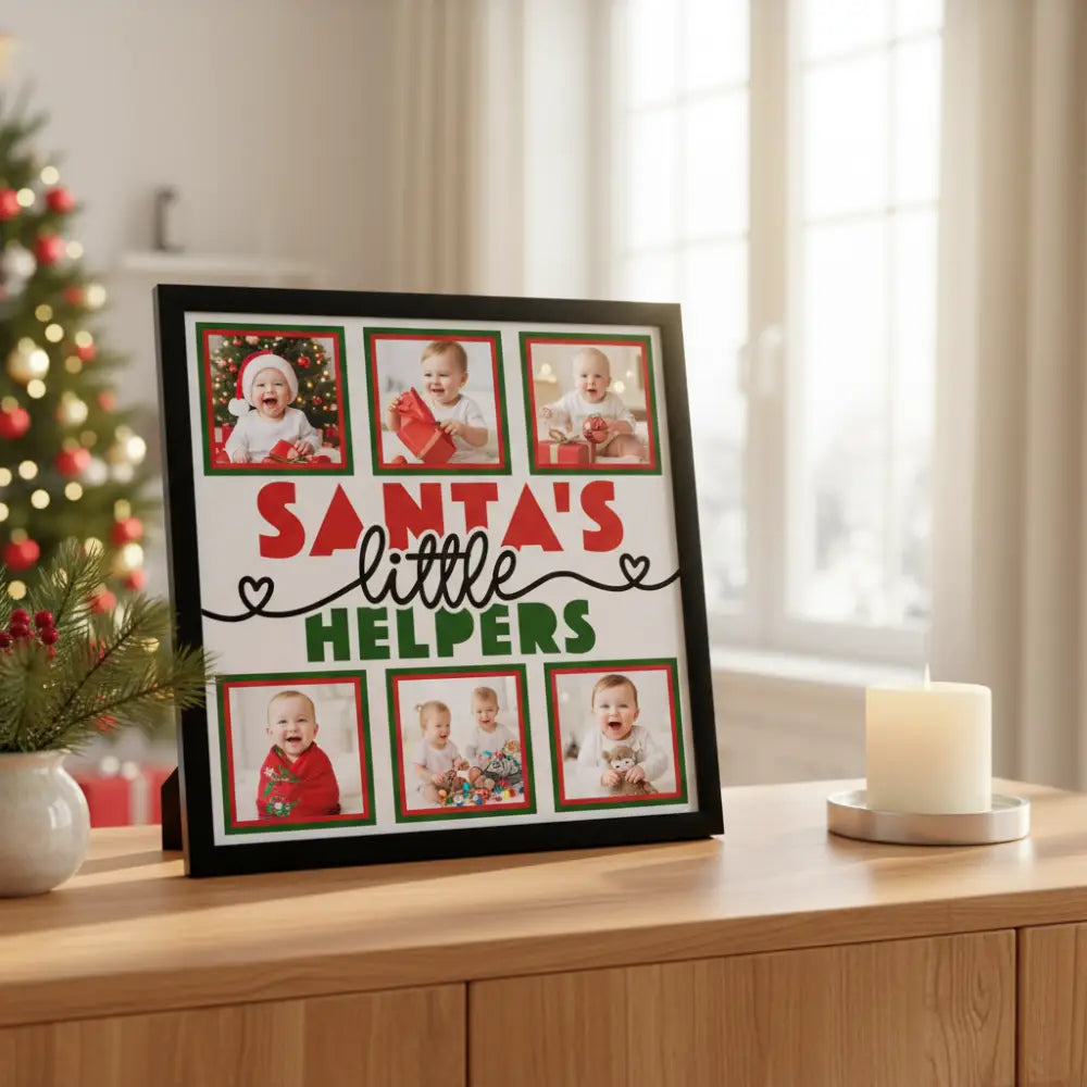Christmas-themed layout with 'Santa's Little Helpers' text and photo frames.