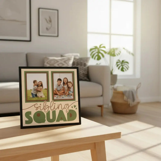 Design with two photo frames and 'sibling squad' text on a beige background
