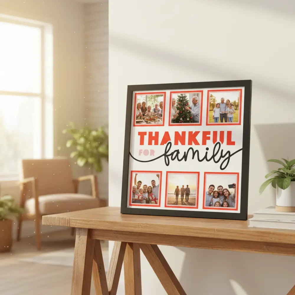 Decorative sign with 'Thankful for family' text and photo frames on a white background.