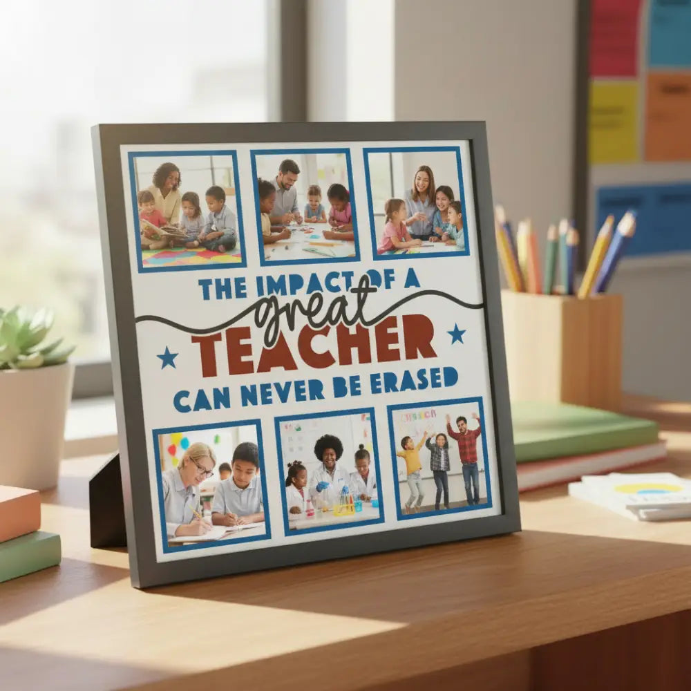 Decorative poster with text 'The impact of a great teacher can never be erased' and empty frames.