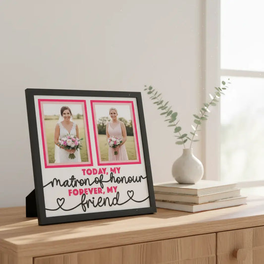 Two photo frames with pink borders on a white background, featuring text.