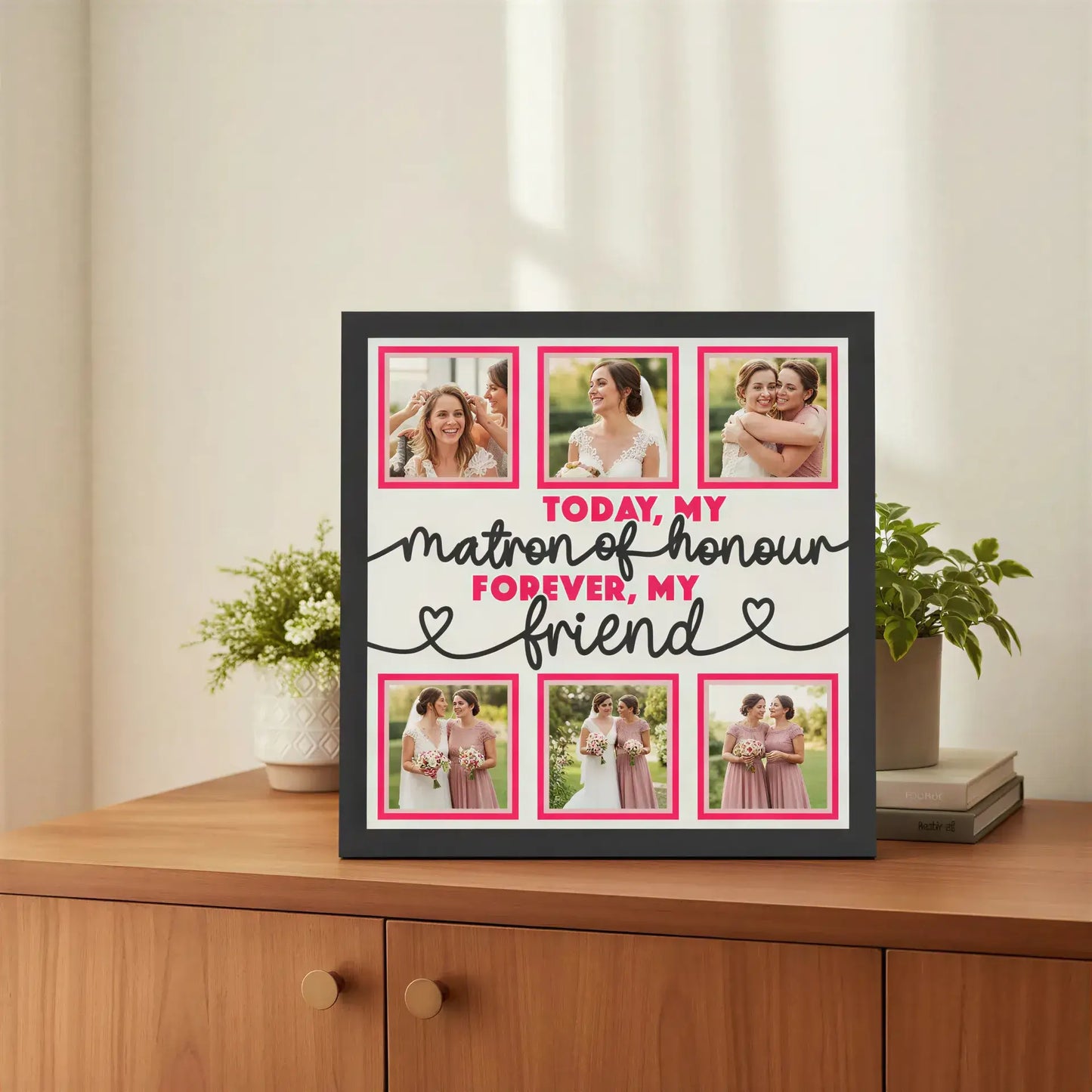 Decorative card with text 'Today, my matron of honour forever, my friend' and heart symbols.