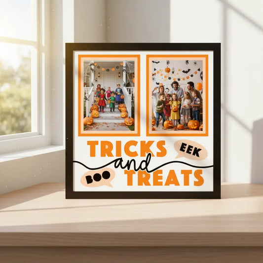 Halloween-themed photo frame with 'Tricks and Treats' text and speech bubbles on a white background.