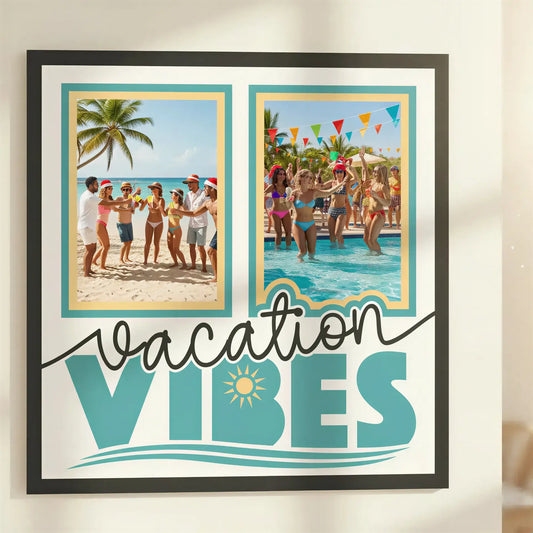 Decorative design with 'Vacation Vibes' text and frames on a white background