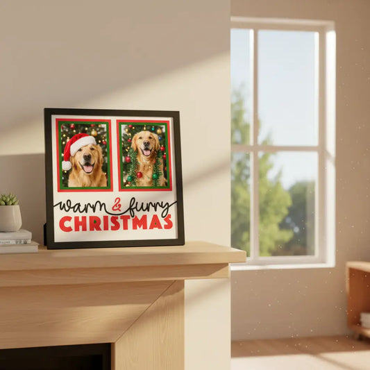 Decorative Christmas card with two green frames and text 'warm & furry Christmas' on a white background.