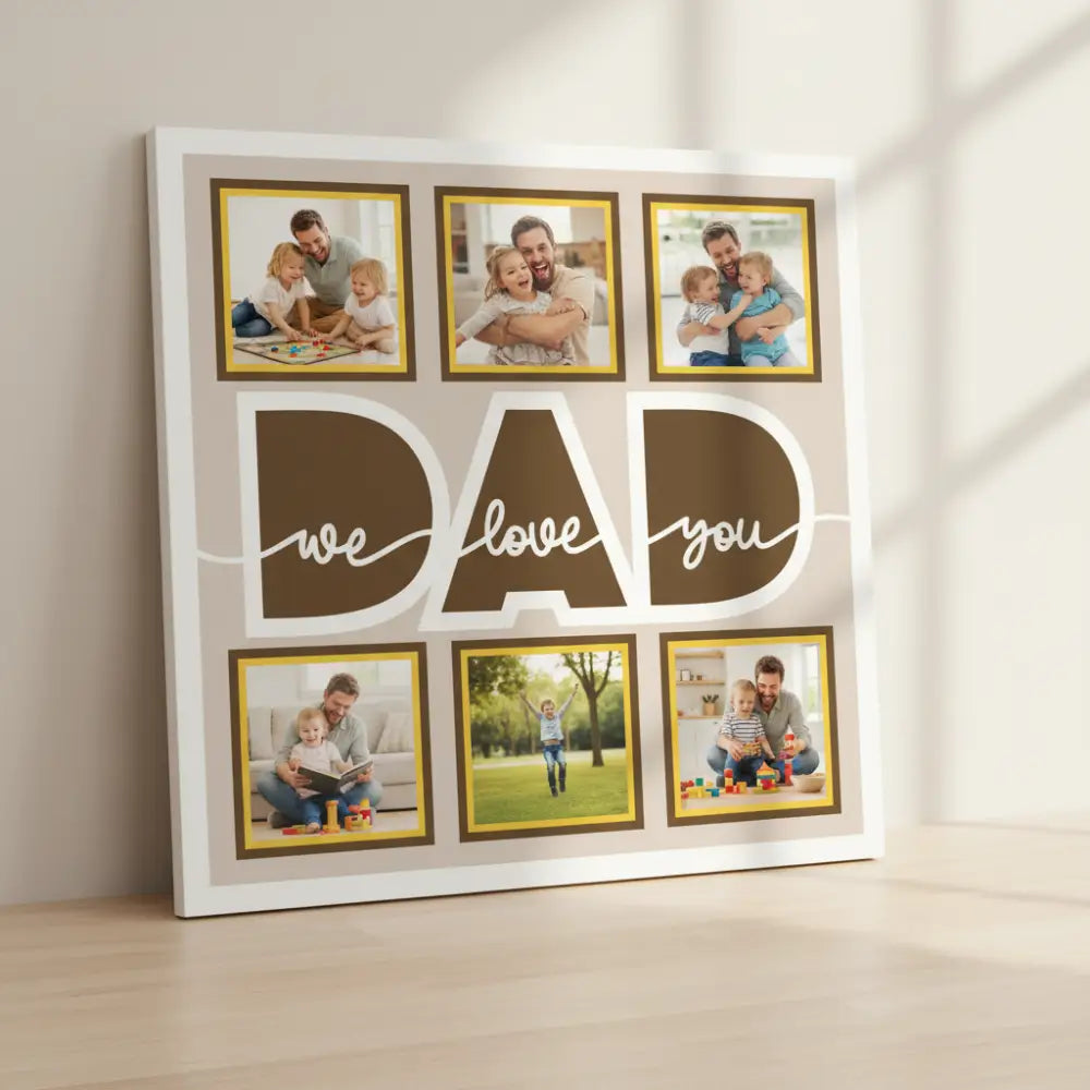Decorative paper with 'DAD we love you' text and frames on a beige background