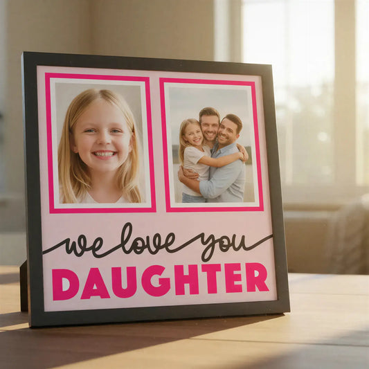 Design template with two photo frames and text 'we love you DAUGHTER' on a pink background