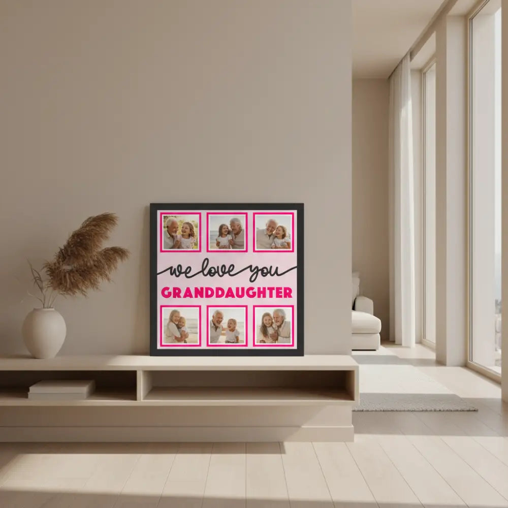 Decorative panel with 'we love you granddaughter' text and photo frames on a pink background