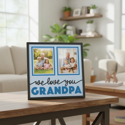 Card with two photo frames and 'we love you GRANDPA' text on a light blue background