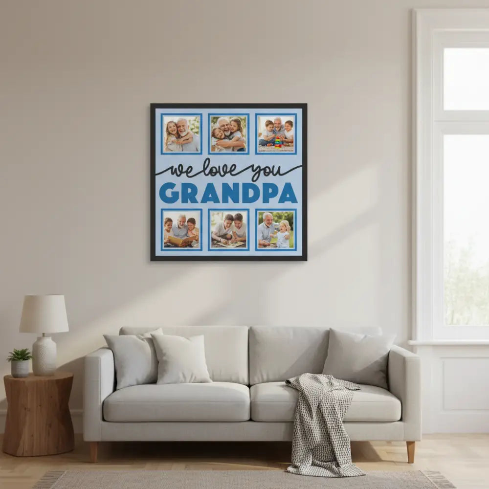 Decorative sign with 'we love you GRANDPA' text on a light blue background