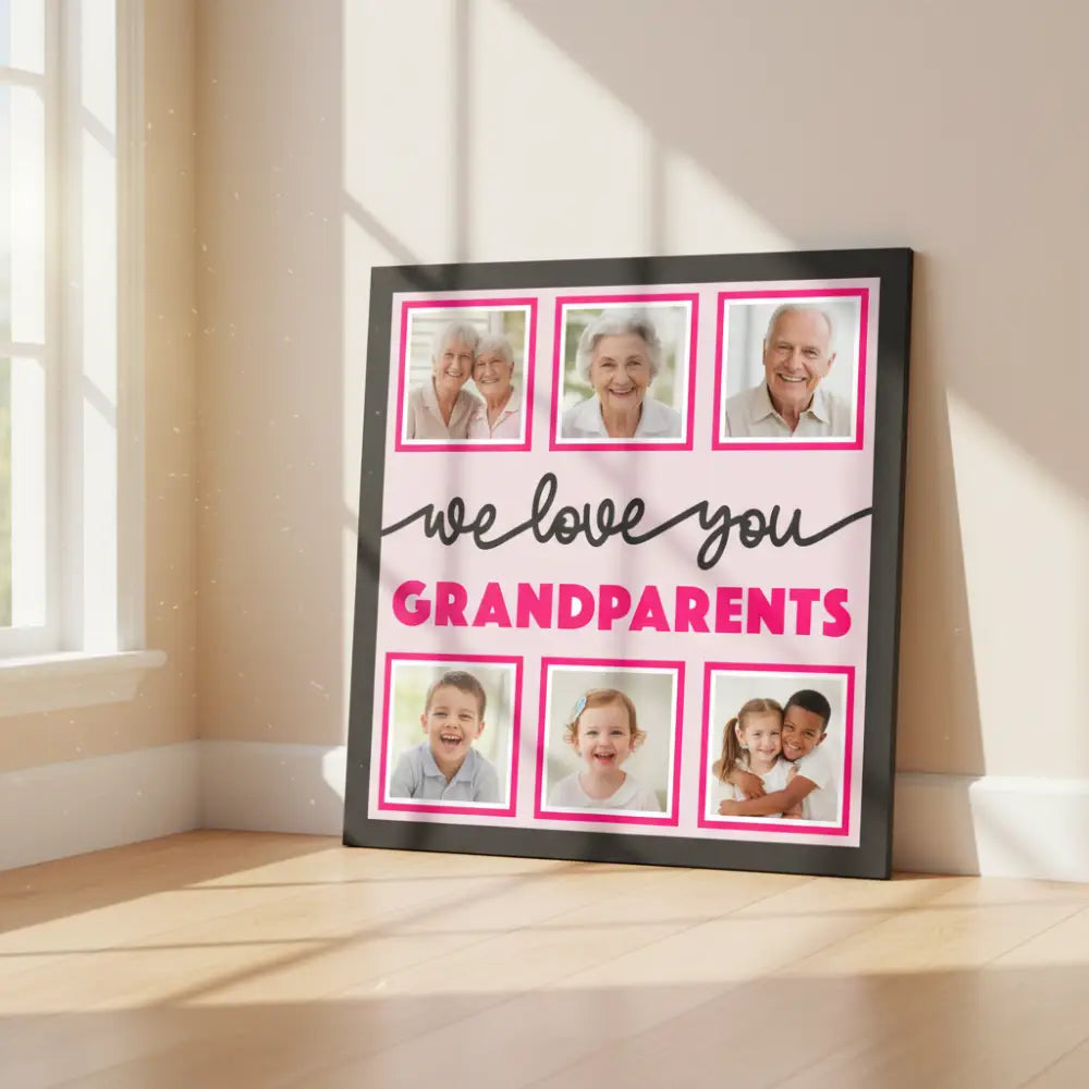Design for a scrapbook page with text 'we love you GRANDPARENTS' and photo frames.