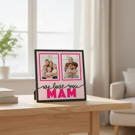 Decorative wall art with two pink frames and 'we love you MAM' text on a light pink background.
