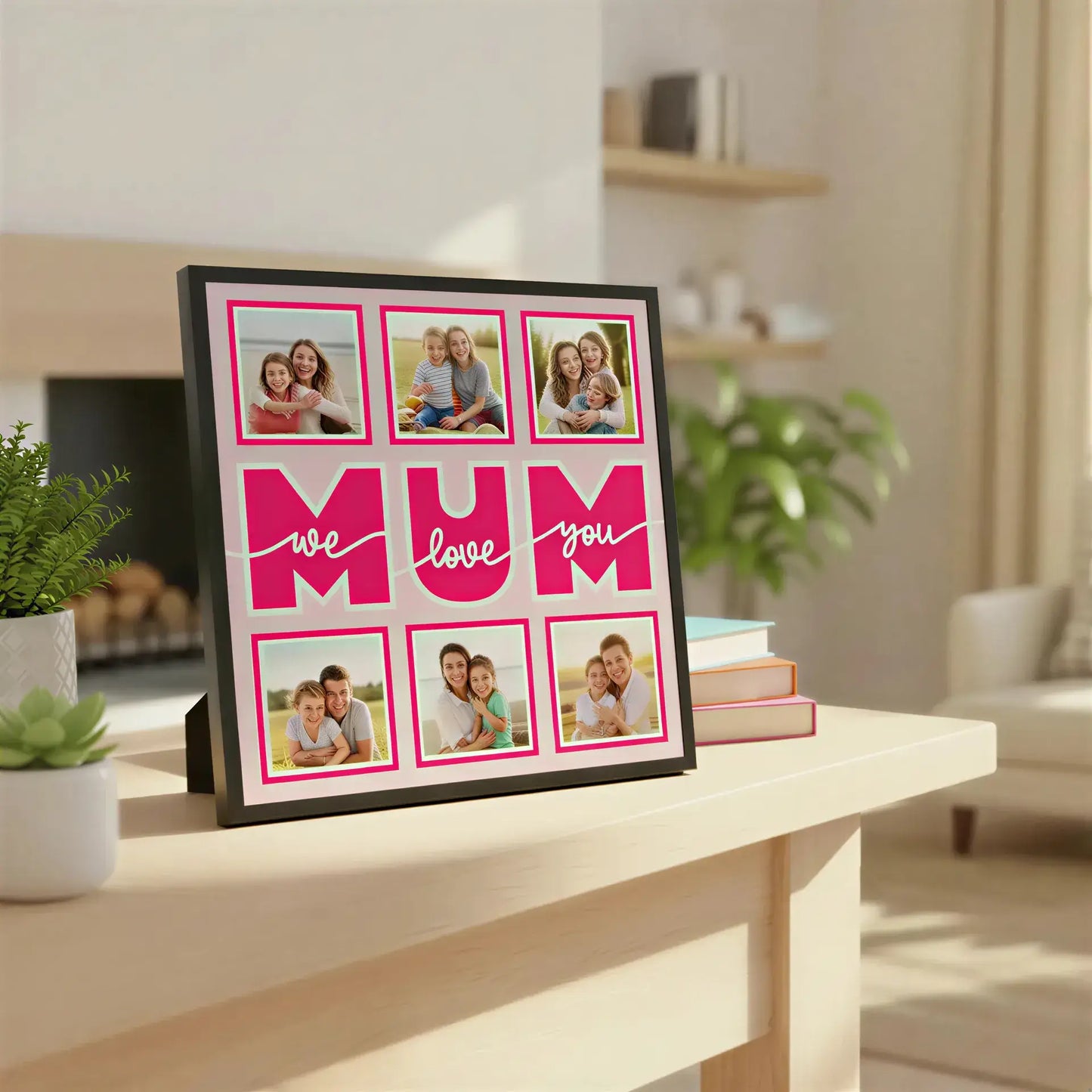 Card with 'we love you mum' text on a pink background