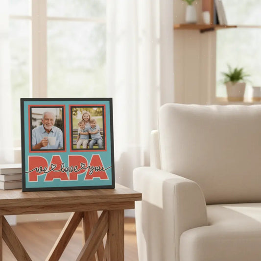 Decorative sign with 'PAPA' and 'we love you' text on a blue background