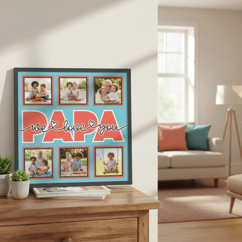 Design with 'PAPA we love you' text on a blue background