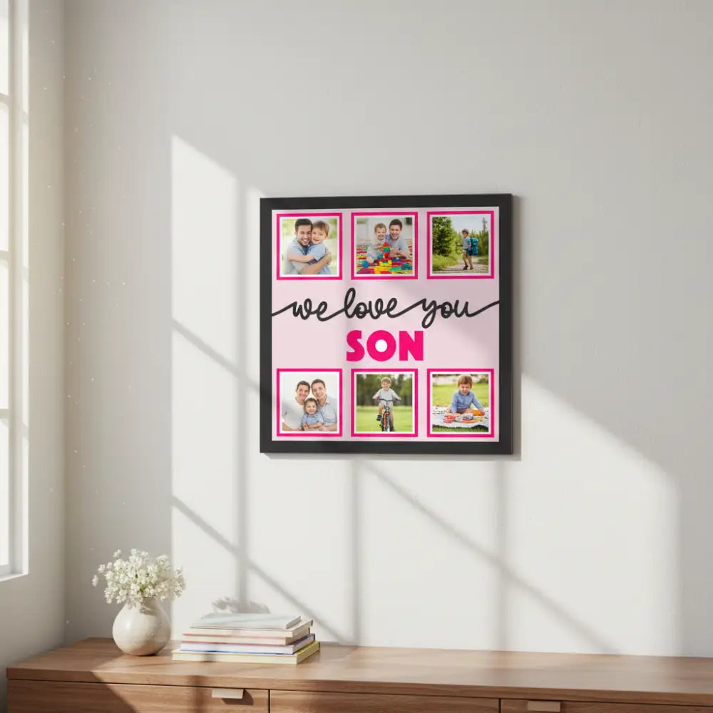 Decorative wall art with 'we love you SON' text and photo frames on a pink background