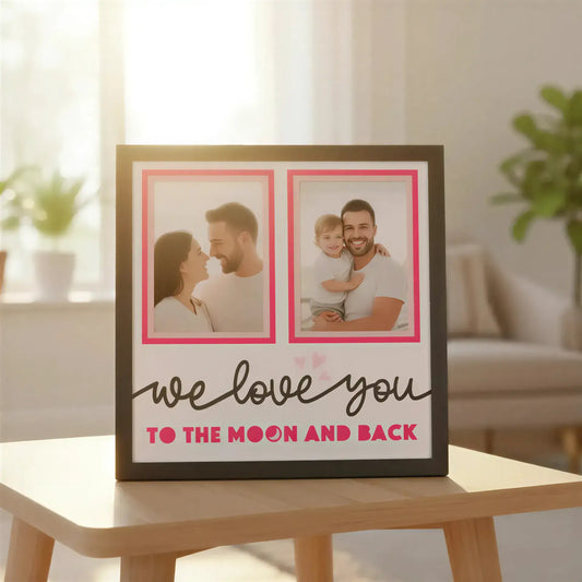 Two pink picture frames with 'we love you to the moon and back' text on a white background.